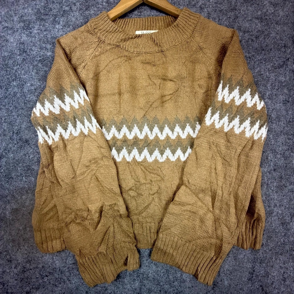 Vintage‎ SK.Girl Sweater Womens Large Brown Zig Zag Slouchy Oversized 80s Cabin